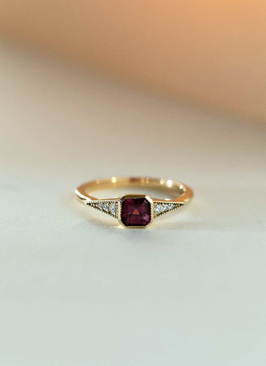 Mari diamond square rhodolite ring 14k gold