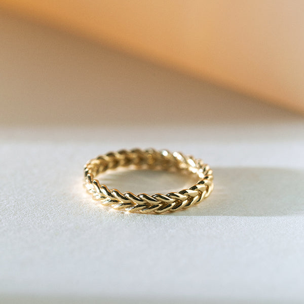 14K Yellow Gold Twisted Braided Diamond Wide Band Ring